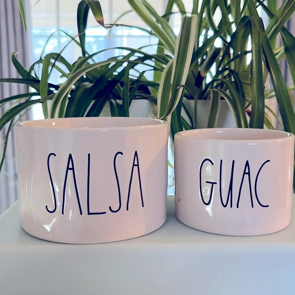 Rae Dunn Salsa and Guacamole 🥑 Stoneware Serving Bowls w/ wood handle spreaders